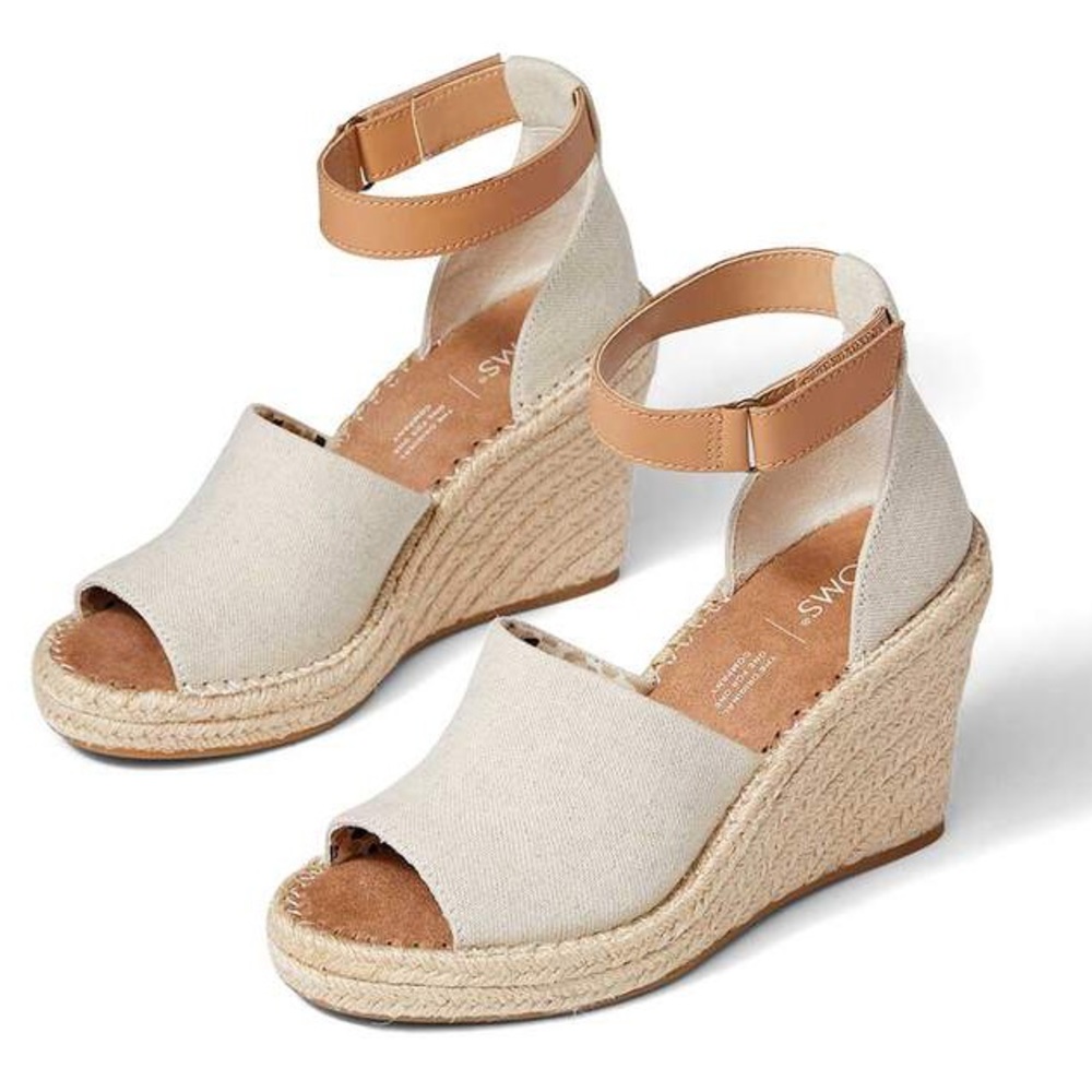 Women’s Tom’s Marisol Natural Oxford/Leather Peep Toe Espadrille Wedge, Size 8